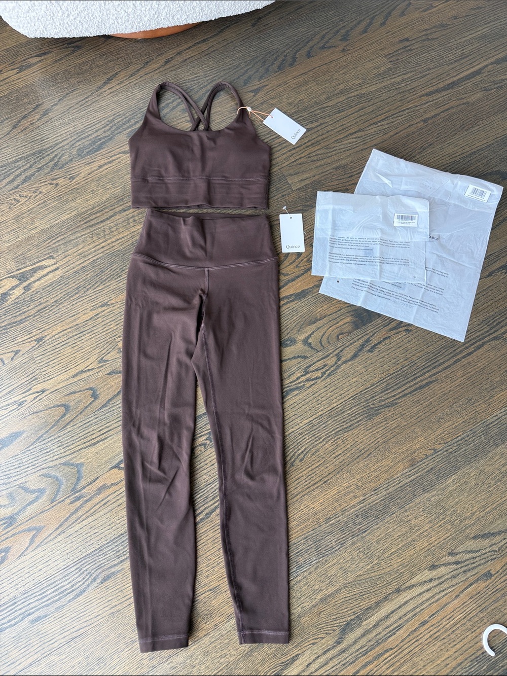 Quince Power-Up Legging Set & Long Line Strappy Sports Bra Espresso size XS NWT